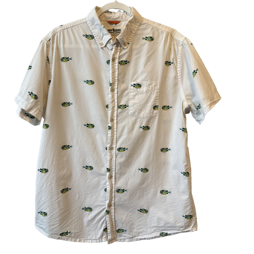 Urban Pipeline Max Flex Men's L Fish Short Sleeve Button Down Shirt Surf‎ Beach